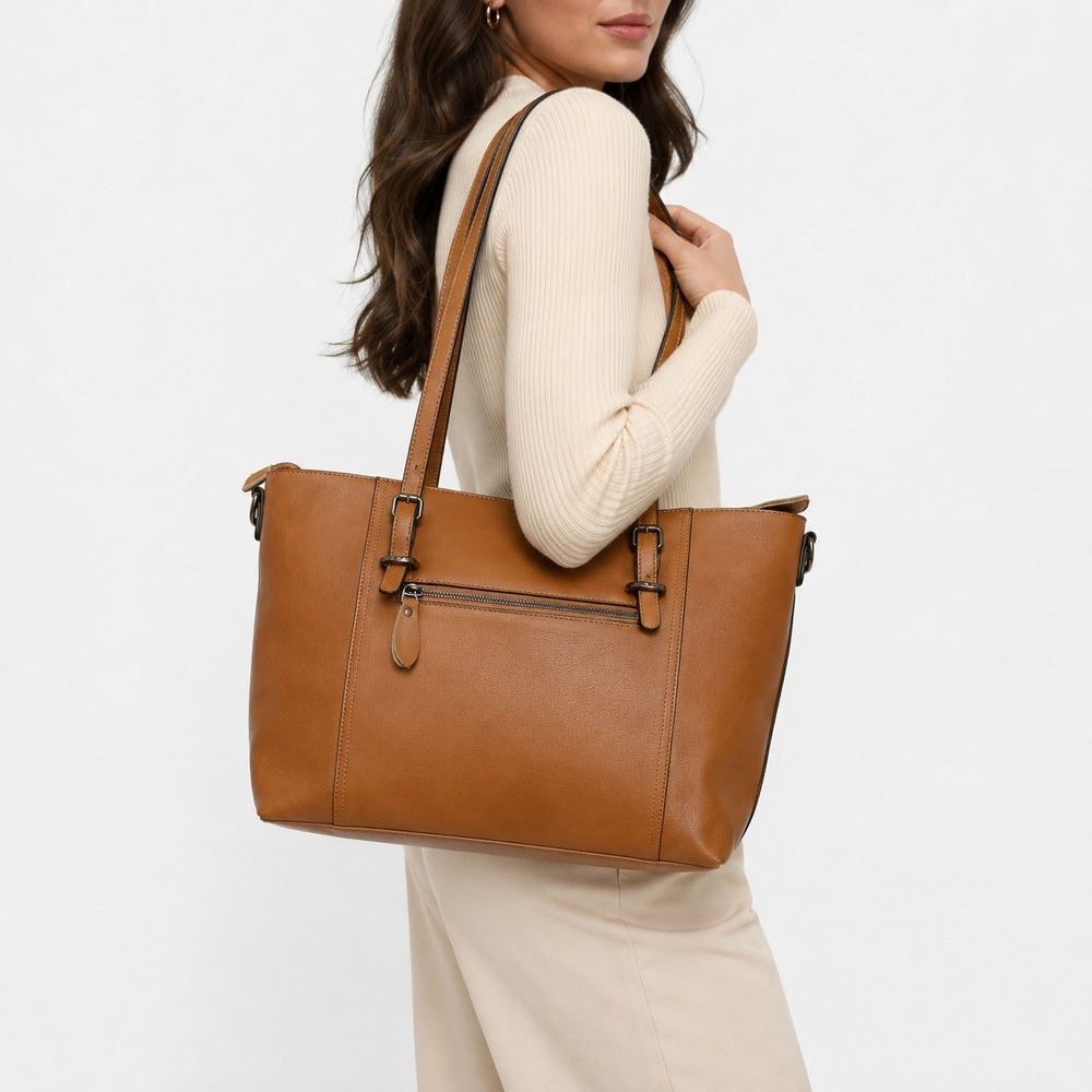 S-Zone Womens Laptop Leather Tote Bag Adjustable Shoulder Straps Side Zip Pocket